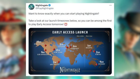 Nightingale's X post with the game's release times