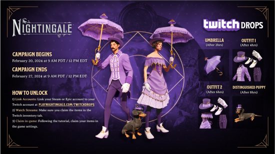 The February Nightingale Twitch drops, including a purple umbrella and a dapper dog.