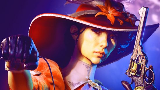 Nightingale Twitch drops: A female character from Nightingale wears a large brimmed hat and holds a revolver on a purple backdrop.