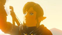 Nintendo suing Yuzu: Link looking at his right arm, sunset behind him