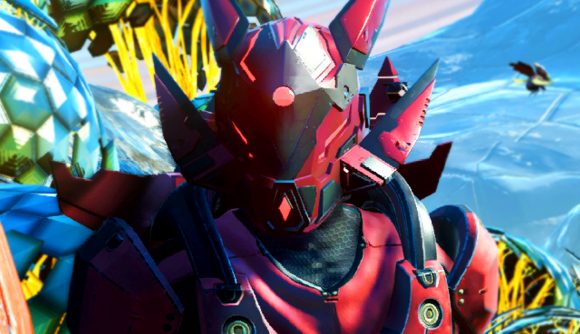 No Man's Sky Omega update will let you try it for free - An explorer in red space armor stands among colorful flora.