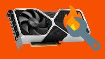 An Nvidia GeForce RTX 40 series Founders Edition graphics card, with a fire and spanner emoji overlayed on top of it