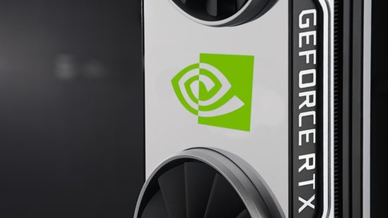 An Nvidia GeForce RTX graphics card, featuring a shiny metalliac surface, with the Nvidia logo on it