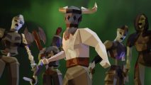 A polygon-style character wearing a Viking hat stands ready in front of a group of fighters in a green background.