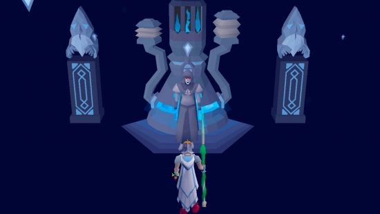 A player character holding a green staff wearing robes stands in front of a huge black plinth with blue inlays, speaking to a grim reaper style character