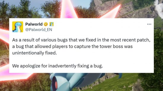 Palworld update apology fixing bug: a tweet from Pocketpair apologising for fixing a bug
