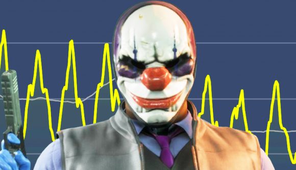 Payday 3 Steam player count: A robber in a clown mask from FPS game Payday 3
