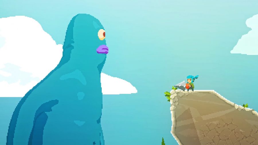 Pepper Grinder: A small 2D character with blue hair stands on a cliff edge looking up at a huge blue blob giant with purple lips and big white eyes
