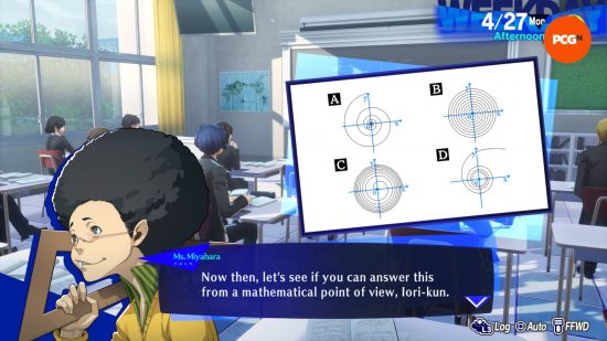 Persona 3 Reload classroom answers: Ms. Miyahara is asking Iori a question about spirals with four options.