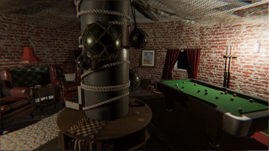 Phasmophobia Point Hope - A games room complete with pool table and chess set in the new lighthouse map.
