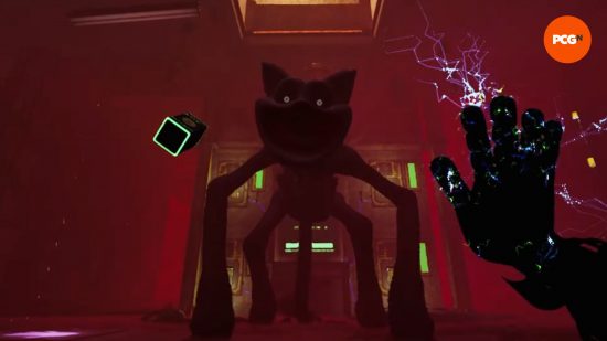 Poppy Playtime review: CatNap, the final boss in Poppy Playtime Chapter 3, stares at the fallen player through glowing eyes.