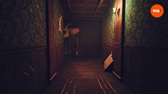  A dark and dingy corridor, with deep scratch marks across the walls and floors, in Poppy Playtime Chapter 3.