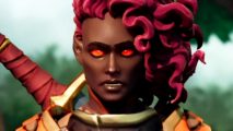 Project ORCS is a new social RPG perfect for Baldur's Gate 3 fans - A dark-skinned paladin with a two-handed sword on their back. Their eyes glow orange and their hair is in vibrant crimson curls hanging down one side of their face.