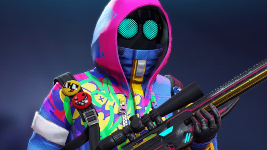Riftstorm - A figure in a pink hooded jacket with multicolored graffiti covering it holds a sniper rifle.