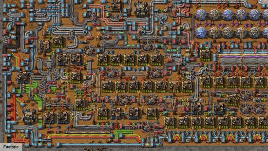 Satisfactory interview - A screenshot of Factorio, a similar style of automation-driven sandbox building game.