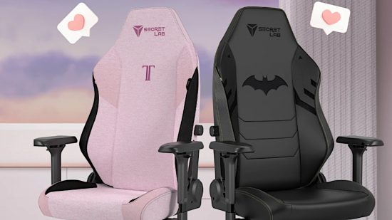 Two Secretlab chairs, surrounded by floating speech bubbles containing hearts
