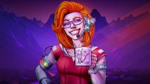 You are a sentient AI in stunning new cyberpunk strategy game: A ginger woman with red glasses and cybernetic implants on her arm and ear smiles at the camera offering a mug of coffee with a cute cat on it
