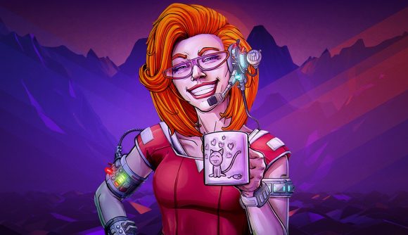 You are a sentient AI in stunning new cyberpunk strategy game: A ginger woman with red glasses and cybernetic implants on her arm and ear smiles at the camera offering a mug of coffee with a cute cat on it