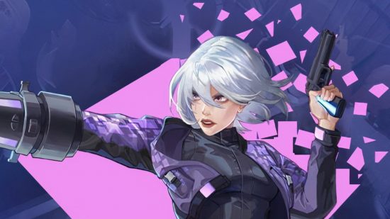 Severed Steel music update Steam sale: a white-haired woman with a canon on her right arm holds up a gun