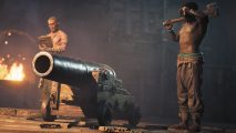 Skull and Bones infamy: a man holding a hammer looks on at the cannon he just created.