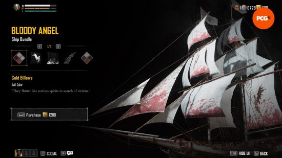 Skull and Bones review: a screen shows the option to purchase white sails with blood stains