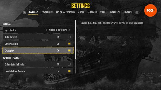 The Skull and Bones crossplay option in the in-game gameplay settings menu.