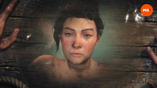 Skull and bones review: the customized character has black hair and eyebrows and is looking at their reflection in a puddle