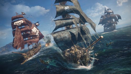 Skull and Bones open beta: three wooden battleships fight on the open sea.