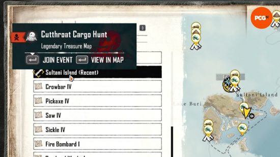 A cutthroat cargo hunt event pop-up appears, giving the player the chance to hunt for a Skull and Bones legendary treasure map.