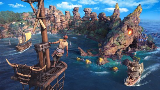 Skull and Bones Game Pass: a crewmember of a pirate ship stands in the crows nest, looking at a ship in the distance.