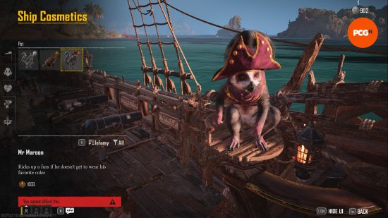 Mr Maroon, one of the Skull and Bones pets, in the in-game ship customization menu.