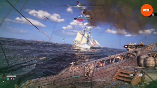 Skull and Bones review: a black cloud of smoke billows from your ship as an opponent player has shot it