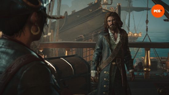 Skull and Bones review: john scurlock is dressed in long black pirate garms with white trim