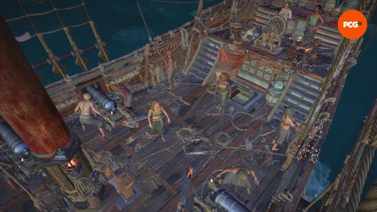 The deck of a Skull and Bones ship, as the crew work.