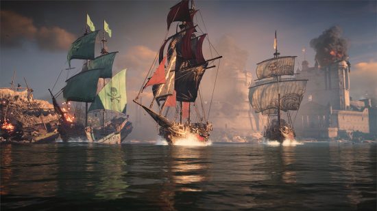 Skull and Bones Game Pass: a trio of ships sailing on calm waters.