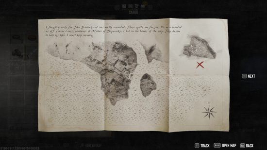 detailed treasure map in skull and bones with a clue