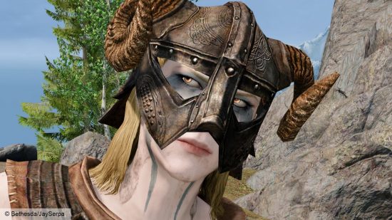 Skyrim mod smart NPCS: a women looking suspiciously to her right, wearing an iron helmet with horns coming out of each side