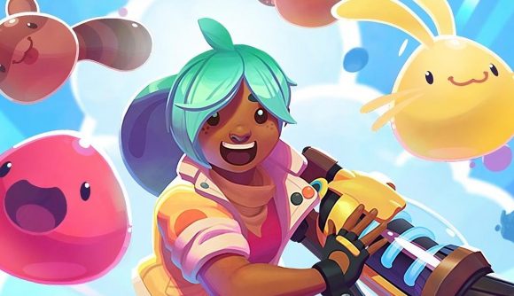 A woman running, smiling, carrying a slime gun. She is surrounded by happy slimes, including one with a raccoon tail.