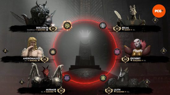 Six of the Solium Infernum Archfiends in a circle, in the diplomacy menu in-game. 