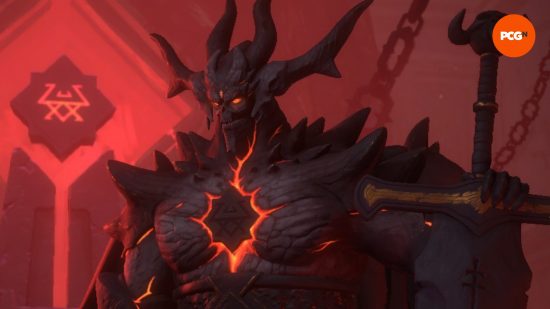 The horned Dark Lord Astaroth, one of the Solium Infernum Archfiends, his eyes and chest glowing red hot.