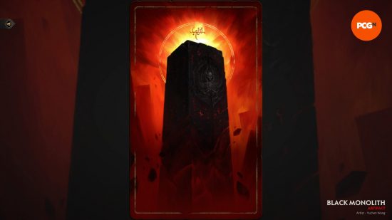 The Black Monolith, a towering black, carved obelisk, and one of the best Solium Infernum Artifacts.