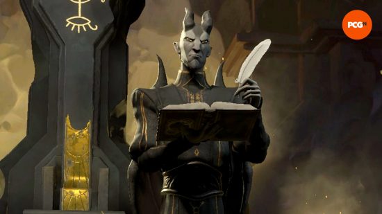 Belial, one of the Solium Infernum Archfiends, plots, a book and quill in his hands.