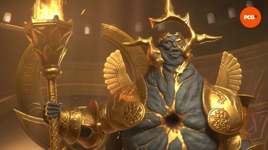 Mammon, a Solium Infernum Archfiend covered in gilded accessories, holds a glowing golden torch.