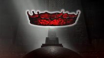 The blood-red crown of bureaucracy, one of the Solium Infernum Relics, sits above the throne of hell.