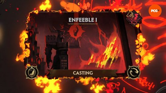 The card for Enfeeble, one of the best Solium Infernum Rituals, burns.