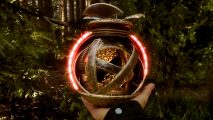 Sons of the Forest version 1.0 - The player holds up a strange metal artifact as it transforms, glowing with red lights, in the horror survival game on Steam.