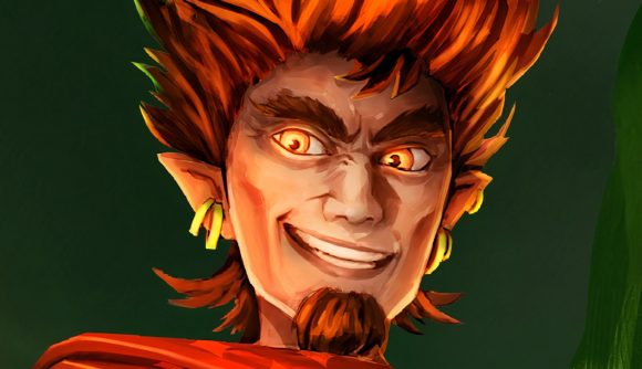 SpellRogue Steam: an evil looking man with a grin, red eyes and spikey red hair and a small beard