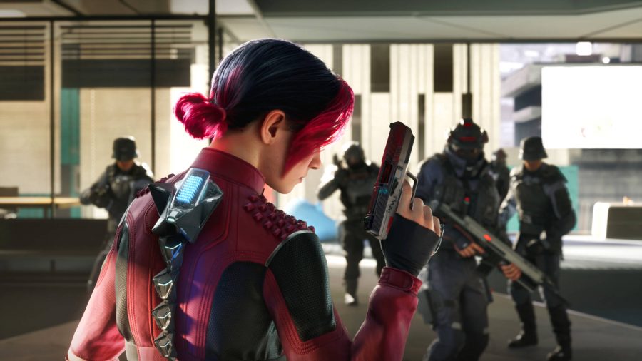 Spine: a woman with dyed pink and black hair is holding a gun. Her leather exosuit has a spinal attachment with blue LEDs. Many soldiers are looking at her anxiously.