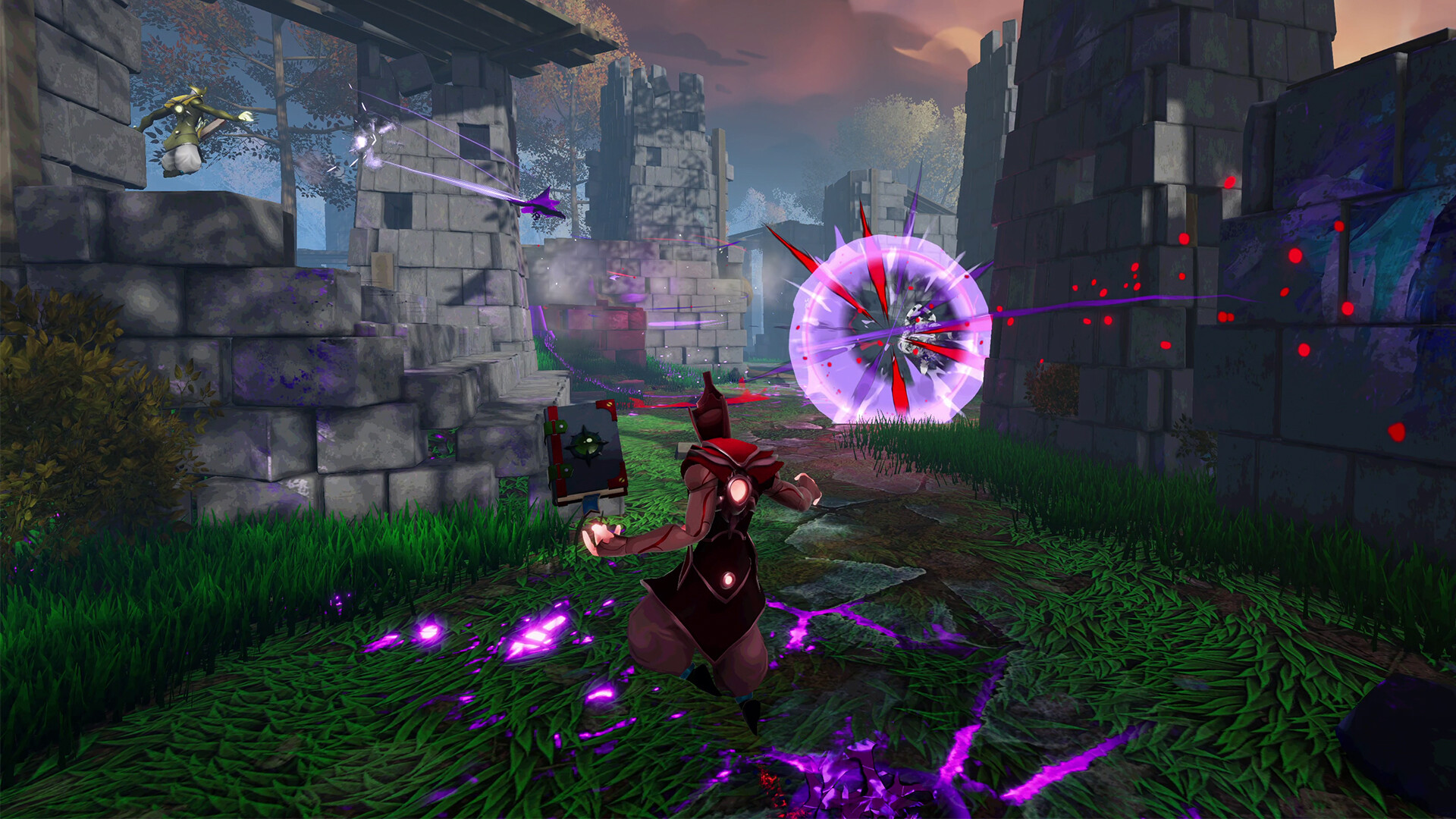 A red robed figure fighting amid castle ruins casing an explosive purple ball