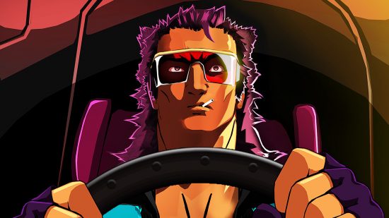 The best Steam Next Fest demos: Mullet Madjack is at the wheel of his car, with long dark hair and hands gripping the wheel